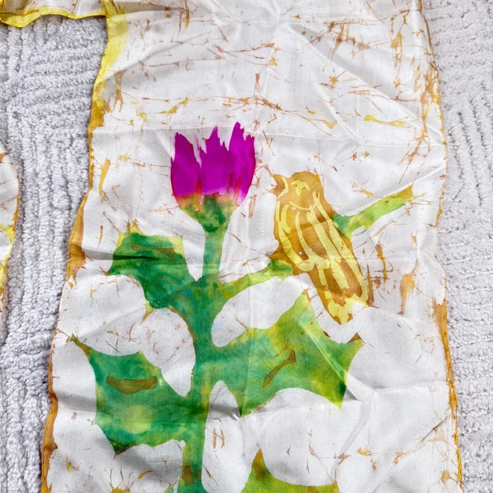 Eva Silk Scarf Bird Flower Batik Naturecore Art Art Deco Cottagecore Boho VTG